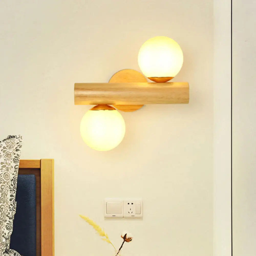 DecorBites™ Contemporary Milk Glass Wall Lamp with Wooden Base - 2 Lights in White for Bathroom