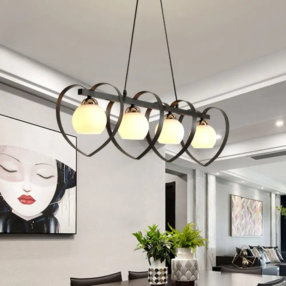 DecorBites™ Contemporary Opal Glass Island Lighting - 3/4 Lights White/Black Hanging Ceiling Lamp with Heart Frame