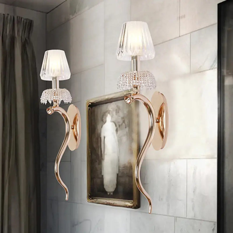 Contemporary rose gold ribbed glass shade sconce bedroom wall light
