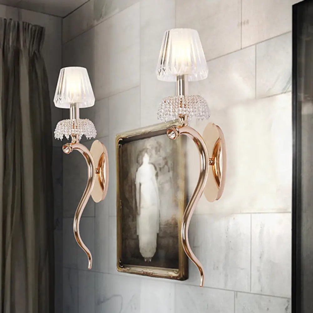 DecorBites™ Contemporary Rose Gold Wave Sconce with Clear Ribbed Glass Shade - Wall Mounted Metal Lighting
