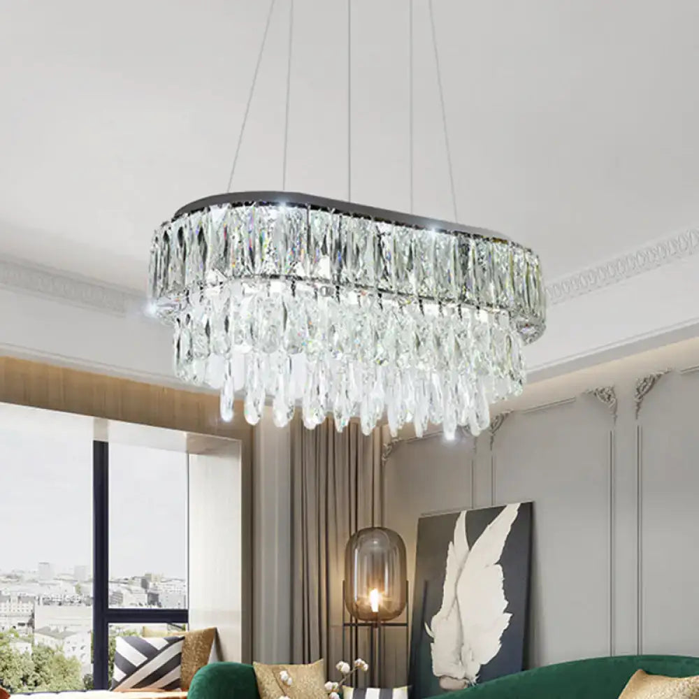 Contemporary silver oval crystal drip pendant light dining room