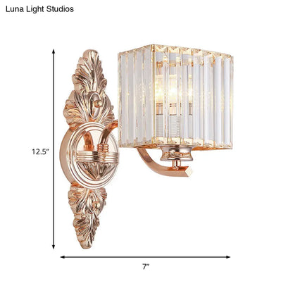 DecorBites™ Contemporary Square Wall Sconce: Clear Crystal & Metal, Carved Backplate, Rose Gold