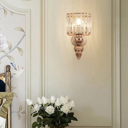 DecorBites™ Contemporary Square Wall Sconce: Clear Crystal & Metal, Carved Backplate, Rose Gold