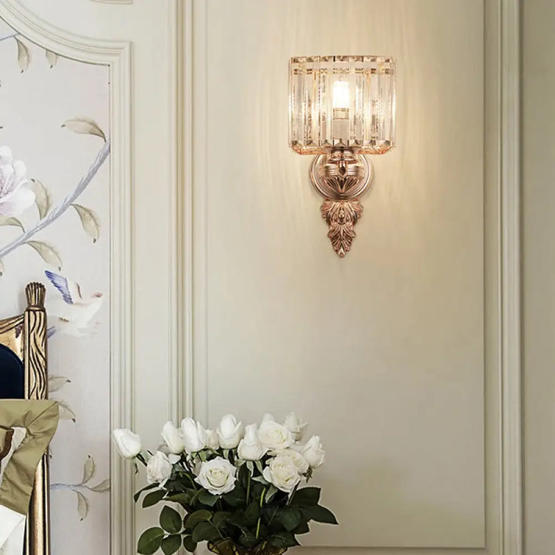 DecorBites™ Contemporary Square Wall Sconce: Clear Crystal & Metal, Carved Backplate, Rose Gold