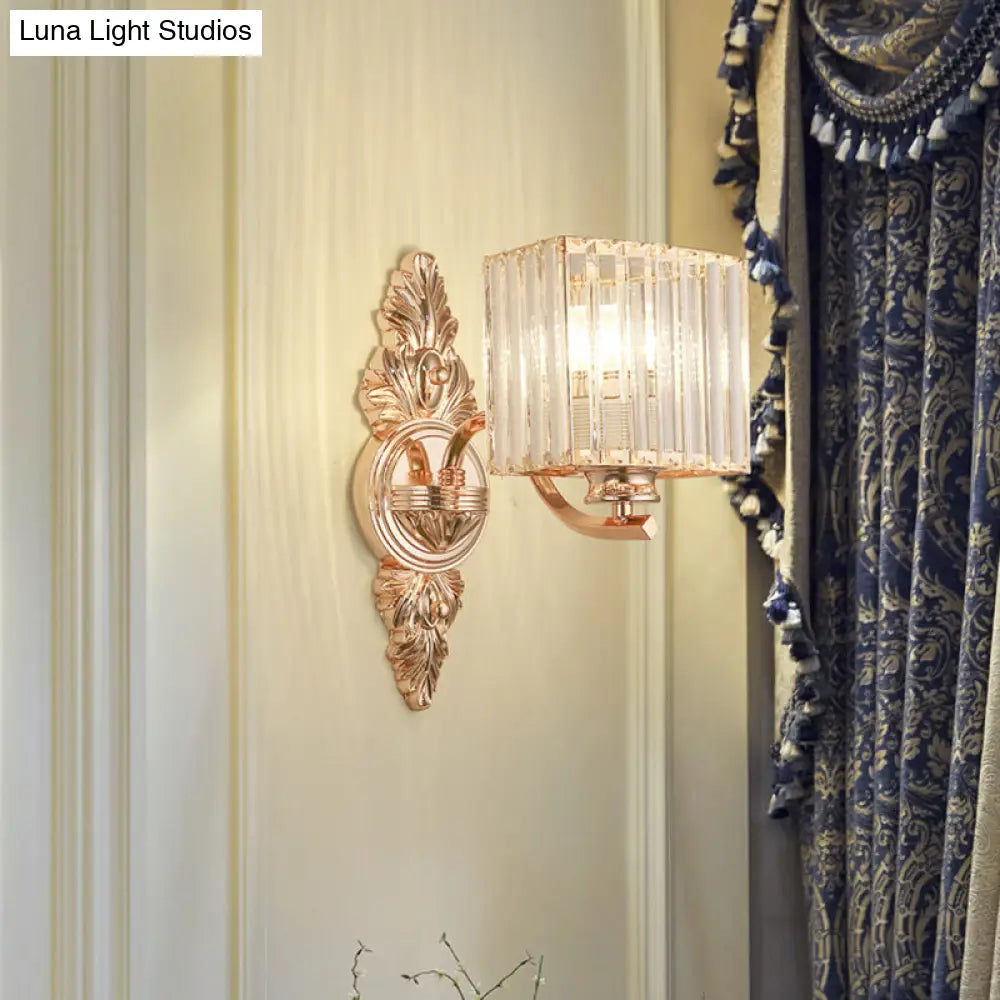 DecorBites™ Contemporary Square Wall Sconce: Clear Crystal & Metal, Carved Backplate, Rose Gold