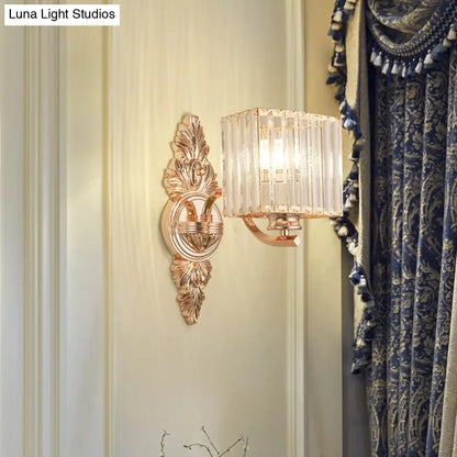 DecorBites™ Contemporary Square Wall Sconce: Clear Crystal & Metal, Carved Backplate, Rose Gold