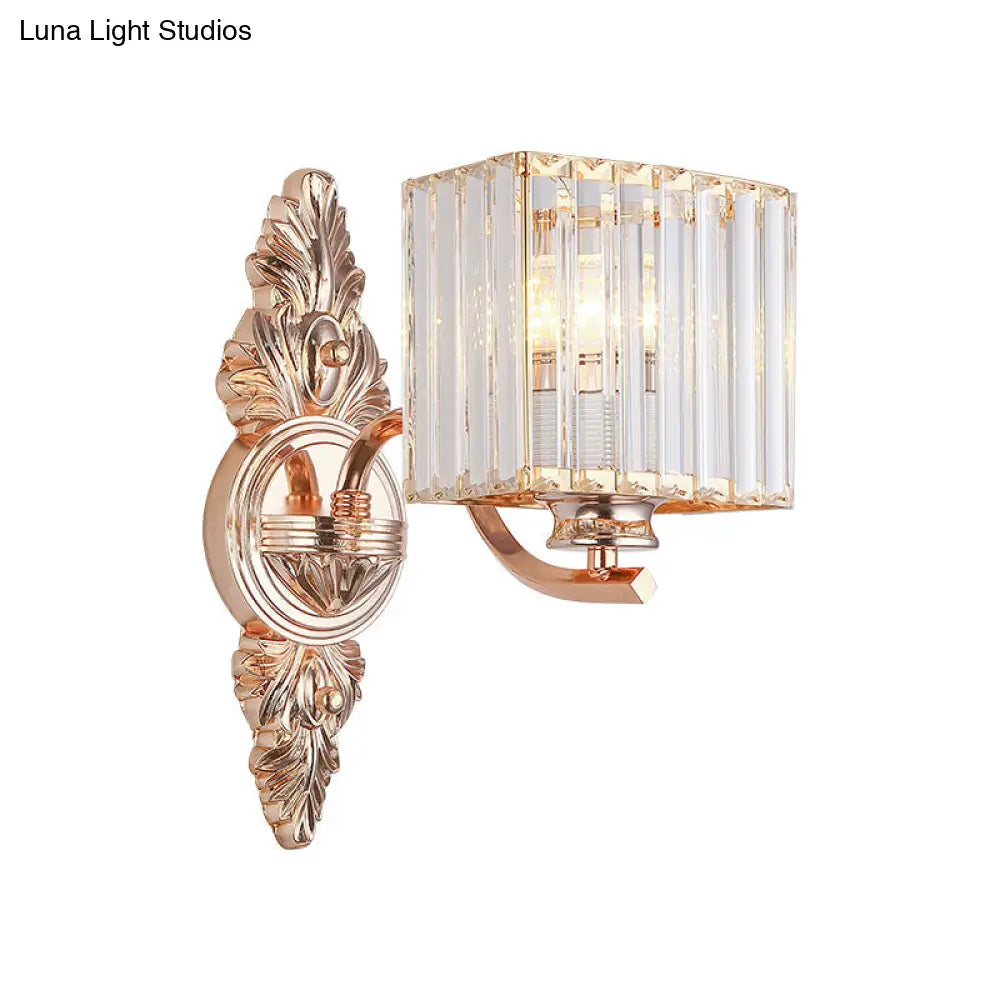 DecorBites™ Contemporary Square Wall Sconce: Clear Crystal & Metal, Carved Backplate, Rose Gold