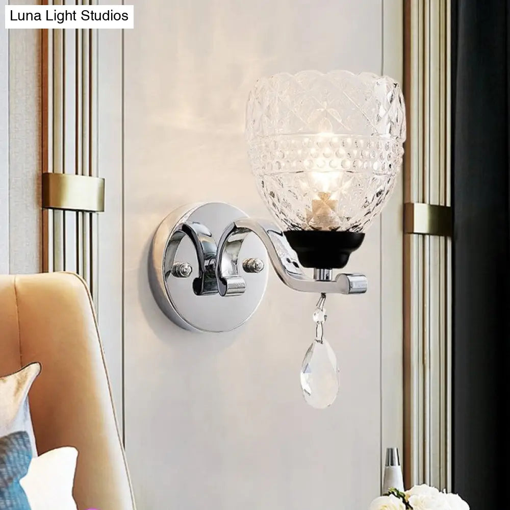 DecorBites™ Contemporary Textured Glass Wall Mount Sconce Light with Teardrop Crystal Drop - Chrome Finish