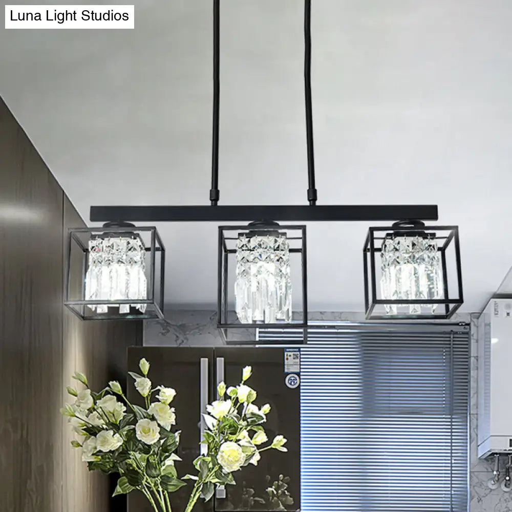 DecorBites™ Contemporary Tri-Sided Crystal Rod Black Hanging Ceiling Light - Square, 3/4 Heads - Island Lamp
