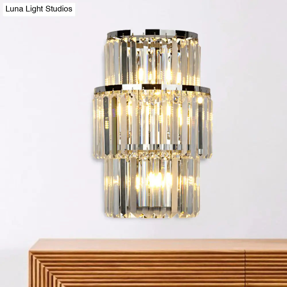 DecorBites™ Contemporary Wall Mounted Crystal Cylinder Sconce Light - 3 Silver Lights