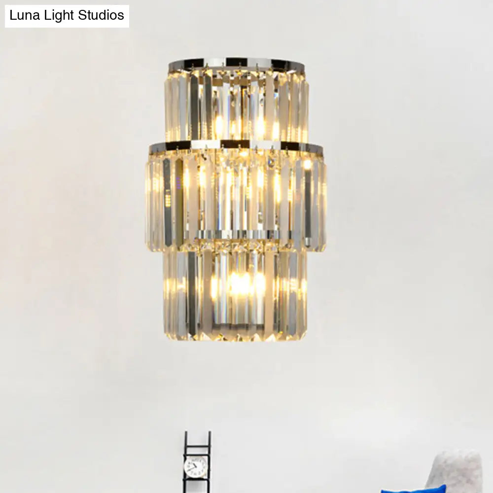 DecorBites™ Contemporary Wall Mounted Crystal Cylinder Sconce Light - 3 Silver Lights