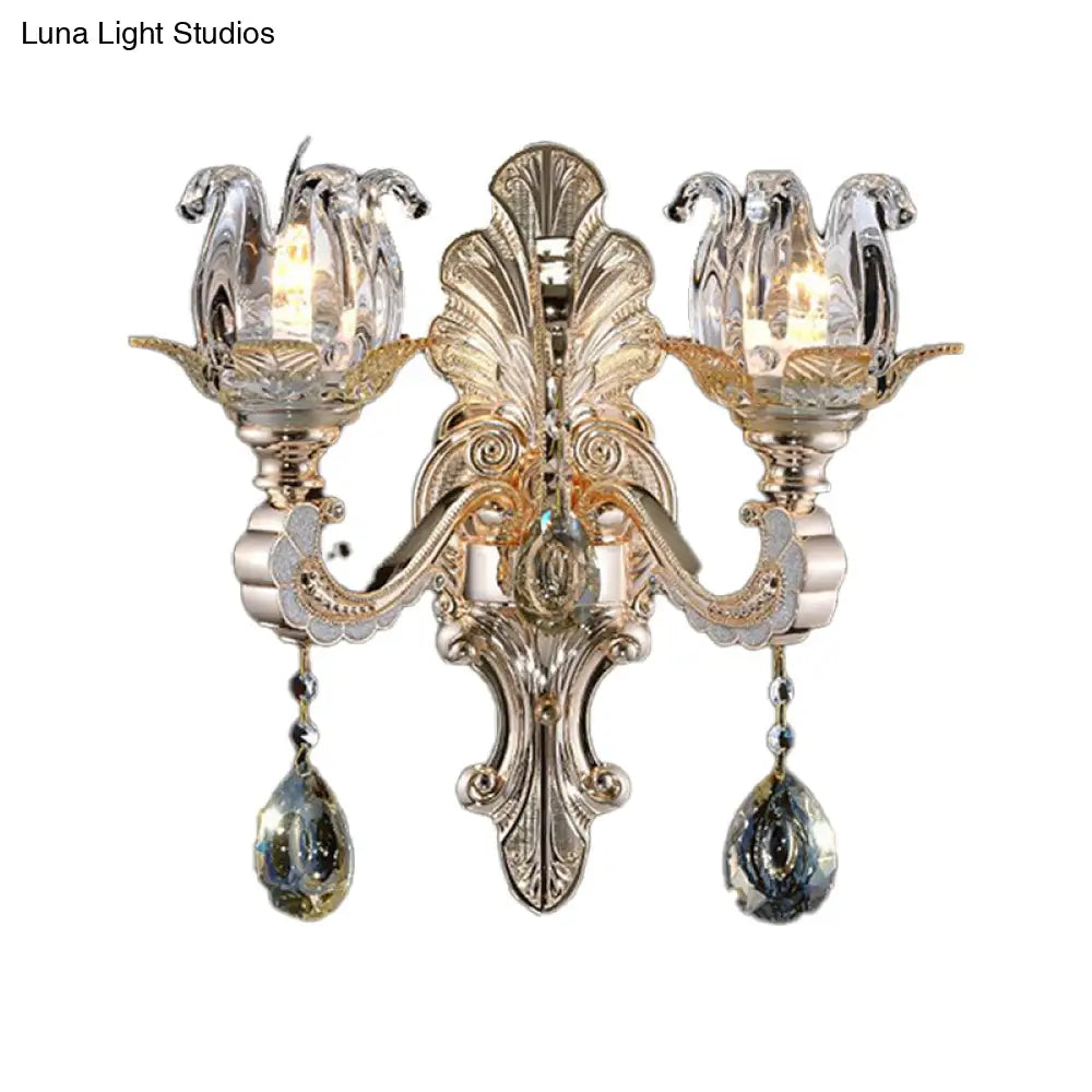 DecorBites™ Contemporary Wall-Mounted Floral Sconce Light Fixture with Crystal Drop - Clear Glass, 1/2 Heads