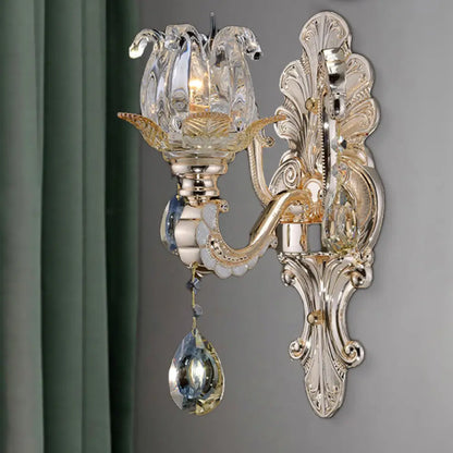 DecorBites™ Contemporary Wall-Mounted Floral Sconce Light Fixture with Crystal Drop - Clear Glass, 1/2 Heads