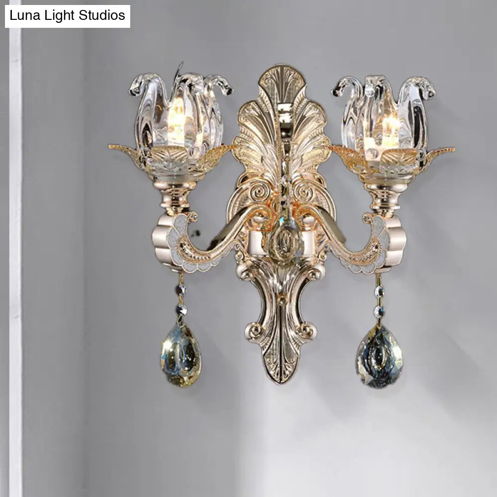 DecorBites™ Contemporary Wall-Mounted Floral Sconce Light Fixture with Crystal Drop - Clear Glass, 1/2 Heads