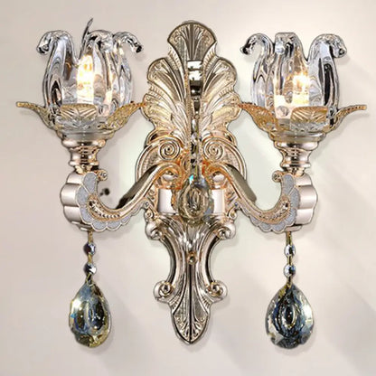 DecorBites™ Contemporary Wall-Mounted Floral Sconce Light Fixture with Crystal Drop - Clear Glass, 1/2 Heads