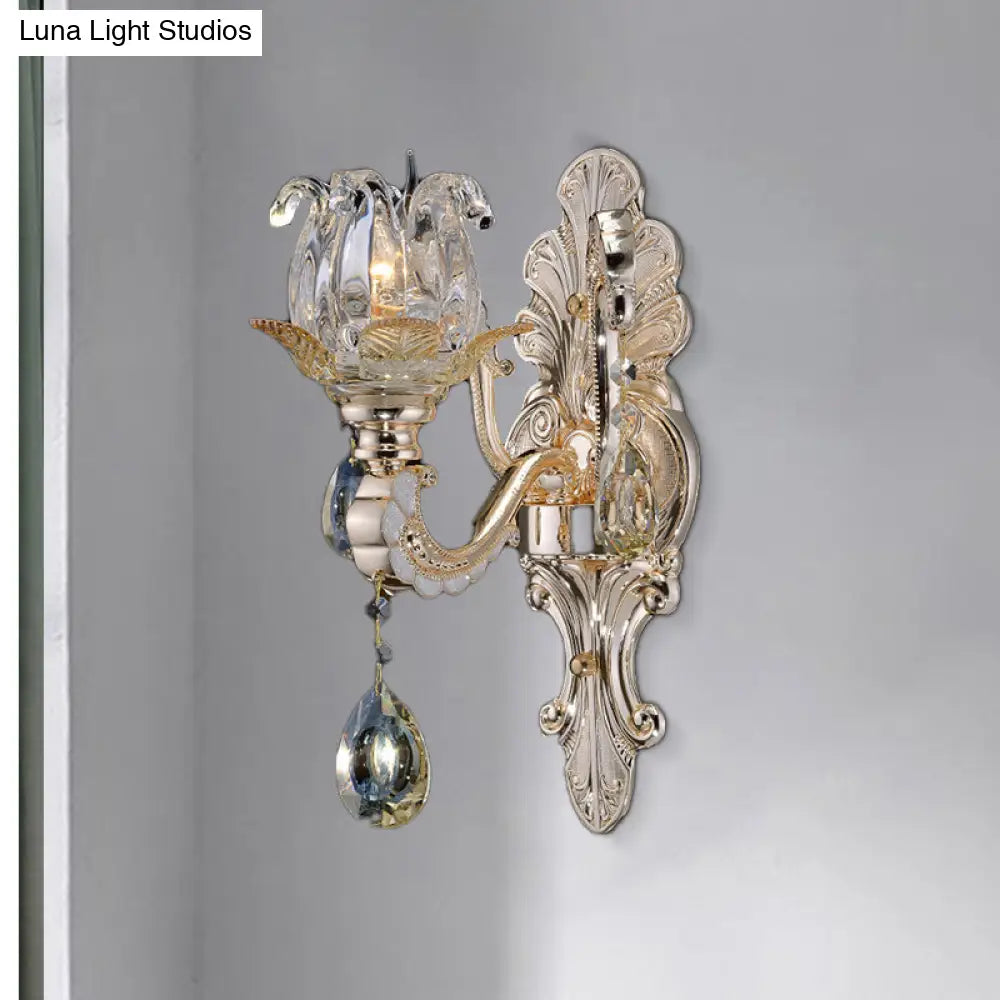 DecorBites™ Contemporary Wall-Mounted Floral Sconce Light Fixture with Crystal Drop - Clear Glass, 1/2 Heads