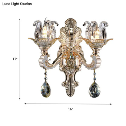 DecorBites™ Contemporary Wall-Mounted Floral Sconce Light Fixture with Crystal Drop - Clear Glass, 1/2 Heads