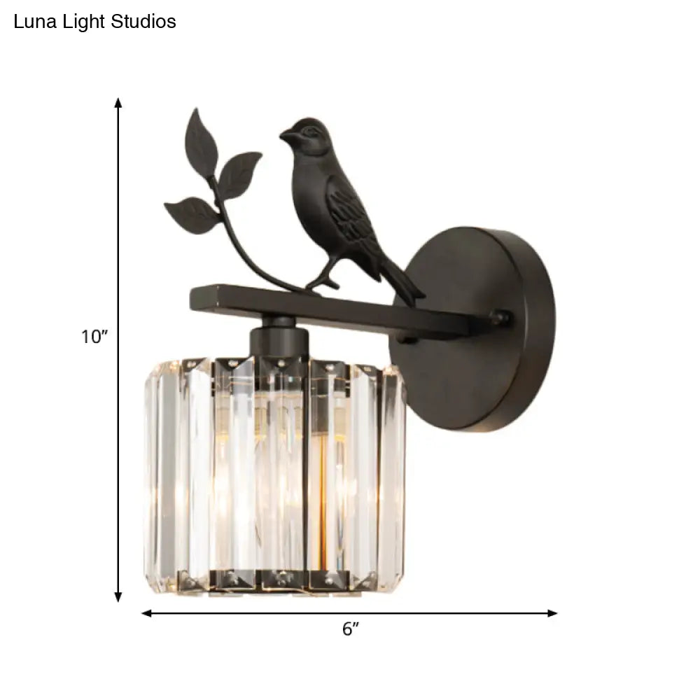 DecorBites™ Contemporary Wall Sconce with K9 Crystal Cylinder, Bird Accent, and Black/Gold Finish