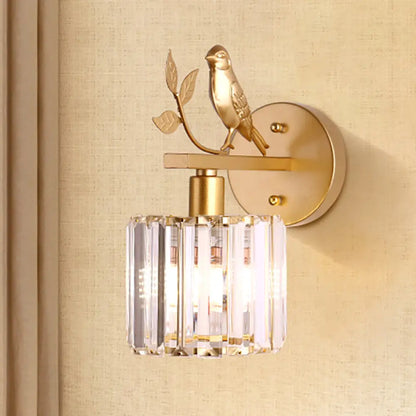 DecorBites™ Contemporary Wall Sconce with K9 Crystal Cylinder, Bird Accent, and Black/Gold Finish
