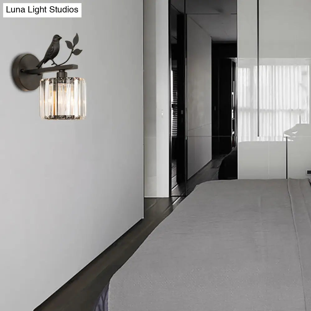 DecorBites™ Contemporary Wall Sconce with K9 Crystal Cylinder, Bird Accent, and Black/Gold Finish