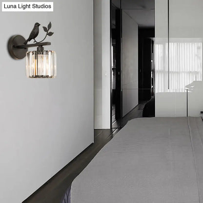 DecorBites™ Contemporary Wall Sconce with K9 Crystal Cylinder, Bird Accent, and Black/Gold Finish
