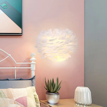 DecorBites™ Contemporary White Feather Flush Wall Sconce - 1 Bulb Fabric Wall Mounted Light for Bedside