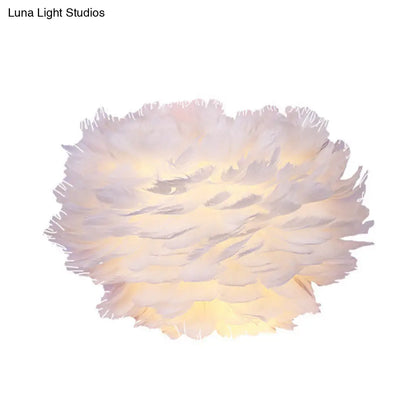 DecorBites™ Contemporary White Feather Flush Wall Sconce - 1 Bulb Fabric Wall Mounted Light for Bedside