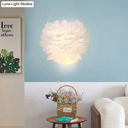 DecorBites™ Contemporary White Feather Flush Wall Sconce - 1 Bulb Fabric Wall Mounted Light for Bedside