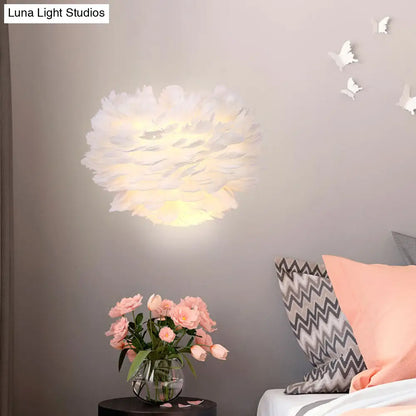 DecorBites™ Contemporary White Feather Flush Wall Sconce - 1 Bulb Fabric Wall Mounted Light for Bedside