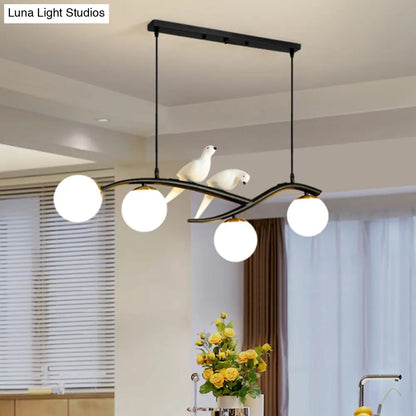 DecorBites™ Contemporary White Glass Island Light Pendant with Birds - 4-Head Dining Room Fixture - Adjustable Cord