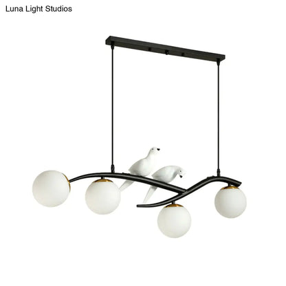 DecorBites™ Contemporary White Glass Island Light Pendant with Birds - 4-Head Dining Room Fixture - Adjustable Cord