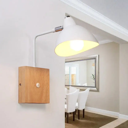 Contemporary white metal wall mounted lamp with wood base bedroom light