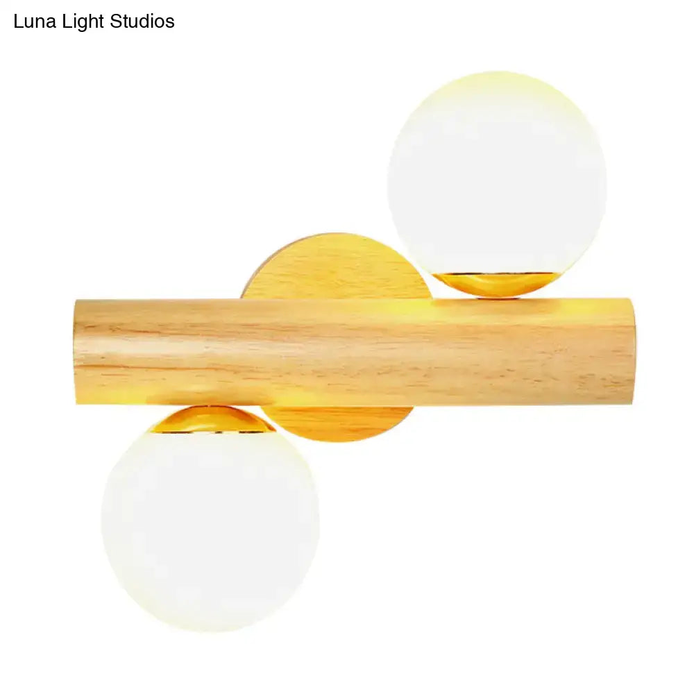 Contemporary white milk glass wall lamp with wooden base for bathroom