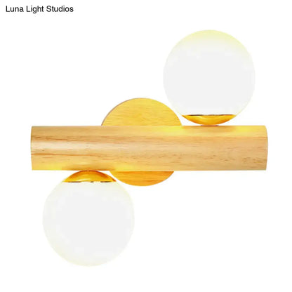 Contemporary white milk glass wall lamp with wooden base for bathroom