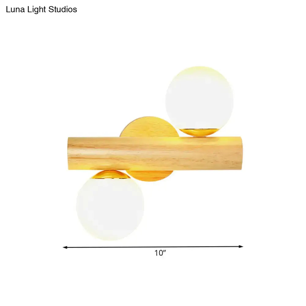 Contemporary white milk glass wall lamp with wooden base for bathroom