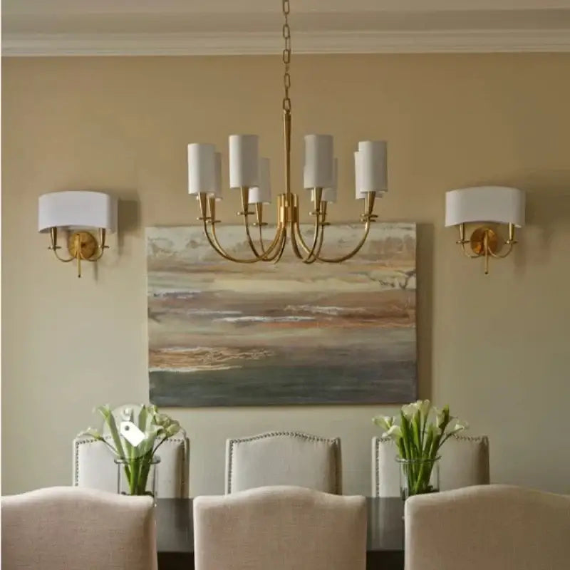 Copper ceiling chandelier with white fabric shades for living room