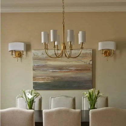 Copper ceiling chandelier with white fabric shades for living room