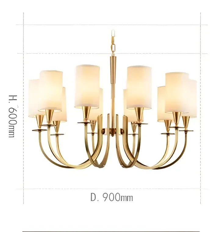 Copper ceiling chandelier with white fabric shades for living room