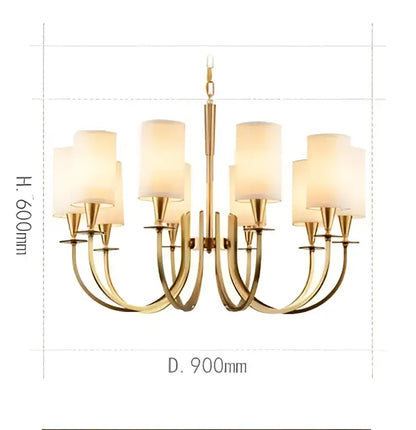 Copper ceiling chandelier with white fabric shades for living room