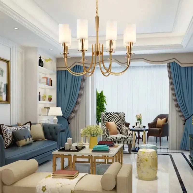 Copper ceiling chandelier with white fabric shades for living room