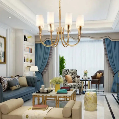 Copper ceiling chandelier with white fabric shades for living room