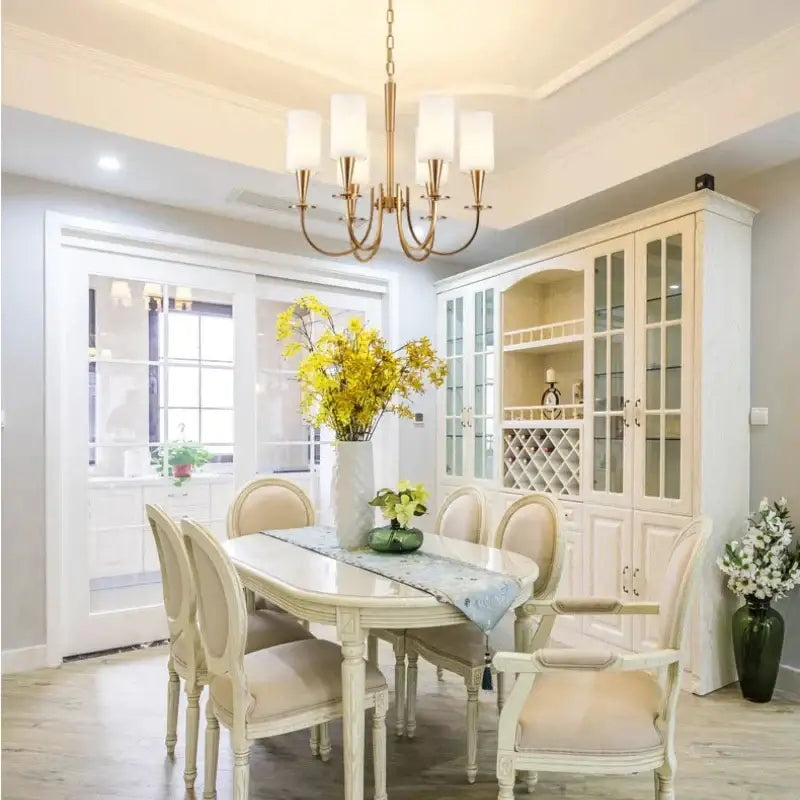Copper ceiling chandelier with white fabric shades for living room