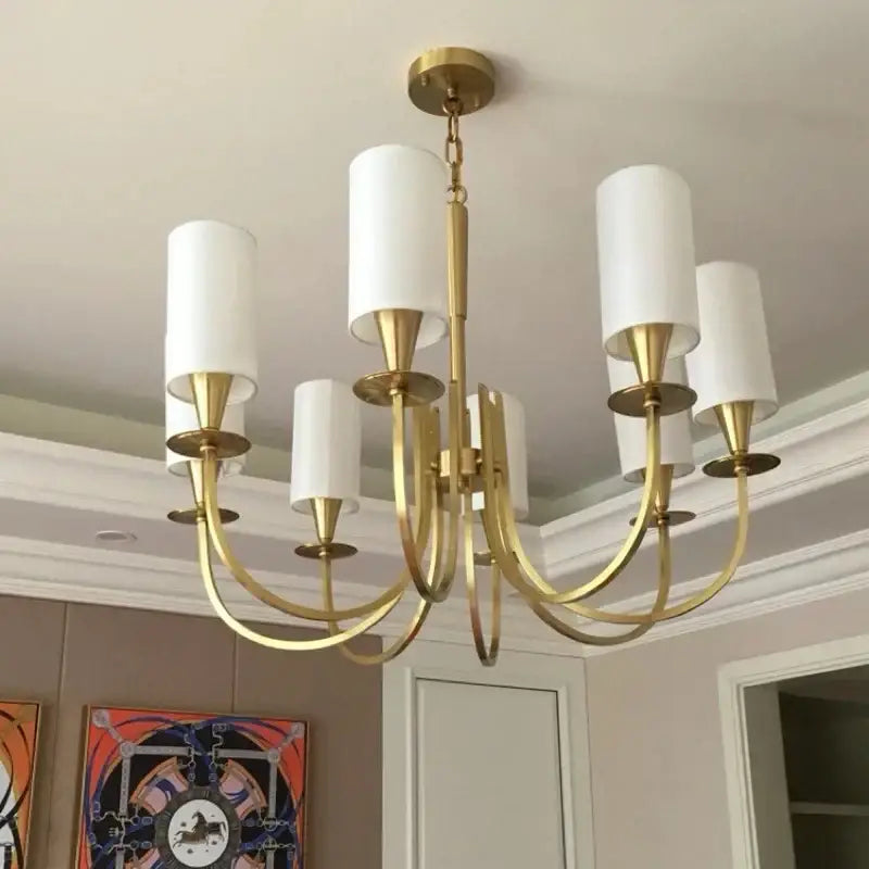 Copper ceiling chandelier with white fabric shades for living room