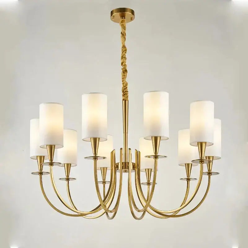Copper ceiling chandelier with white fabric shades for living room