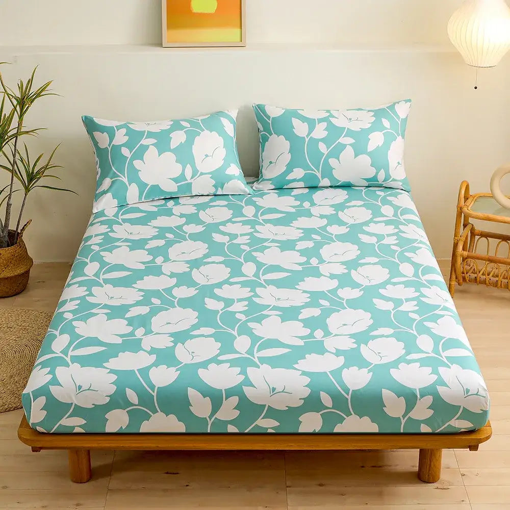 Coral and white geometric floral fitted sheet set bedroom bedding