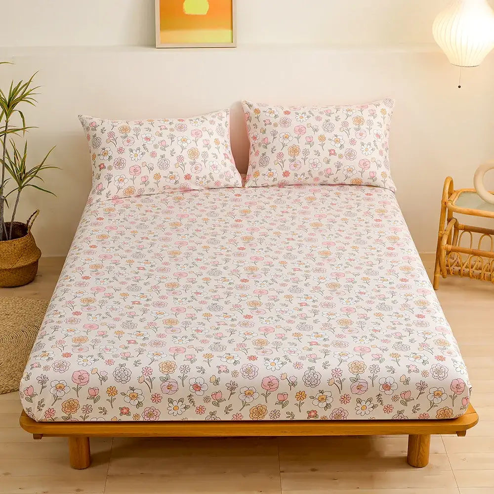 Coral and white geometric floral fitted sheet set bedroom bedding