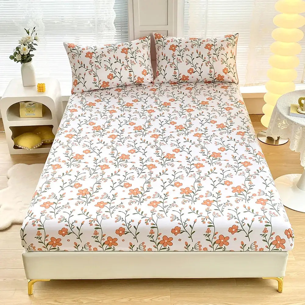 Coral and white geometric floral fitted sheet set bedroom bedding
