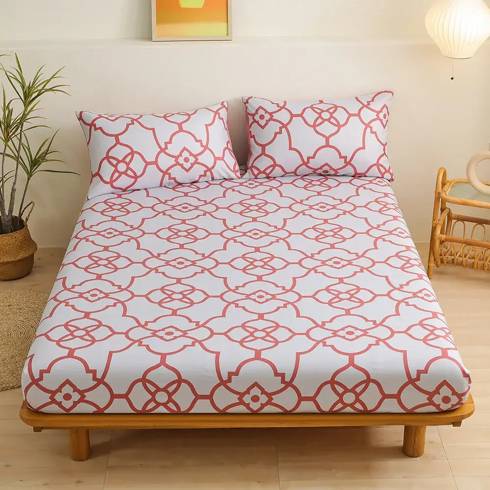 Coral and white geometric floral fitted sheet set bedroom bedding