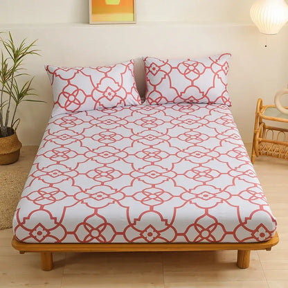 Coral and white geometric floral fitted sheet set bedroom bedding