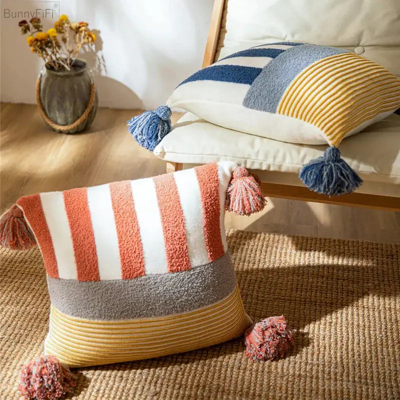 Coral and white striped cushion cover 45x45cm living room tassels